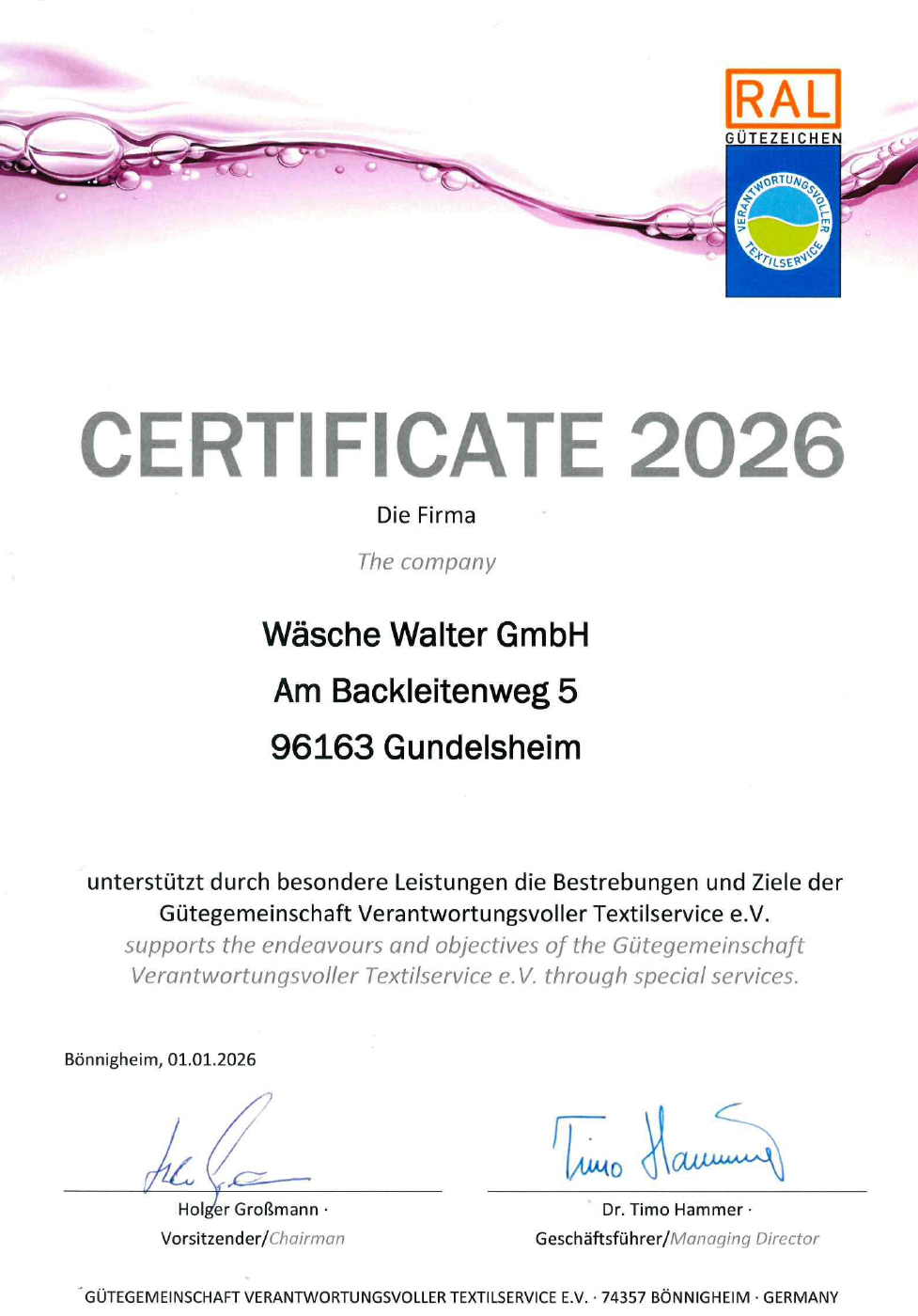 RAL Gütezeichen sachgemäße Wäschepflege Wäsche Walter GmbH 2026